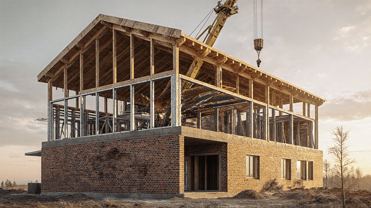 Дом в Сибири с двойной кирпичной стеной, стальным каркасом и деревянной кровлей CLT