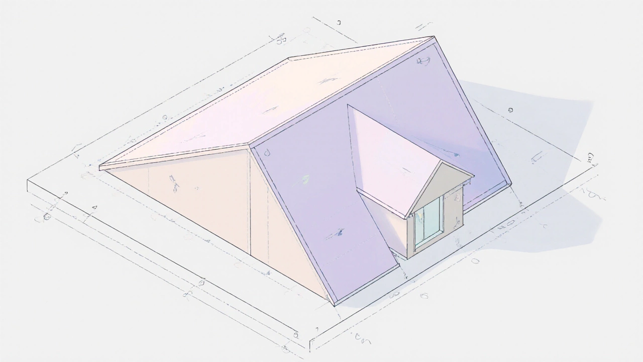 Изометрический чертеж крыши, показывающий геометрические формы и угол наклона.