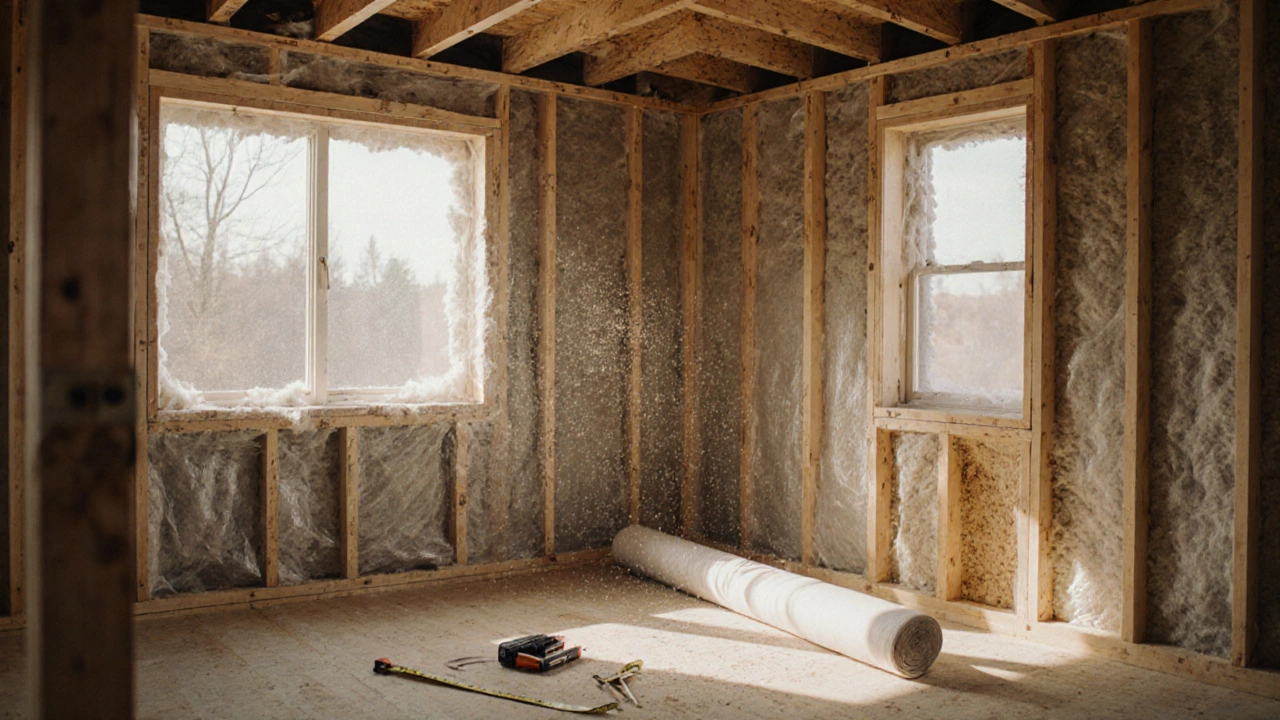 Каркасный дом с видимыми деревянными балками и утеплителем внутри стен.