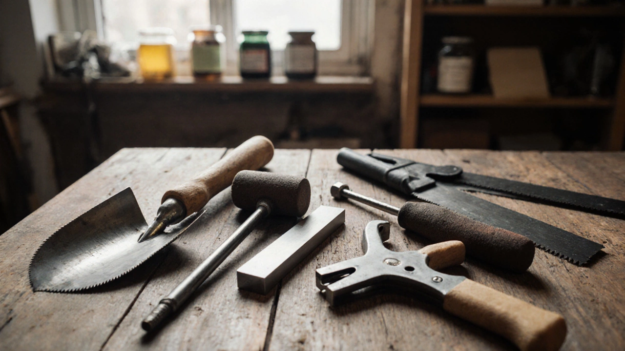 Набор основных ручных инструментов на деревянном столе: лопата, молоток, отвертка и другие.