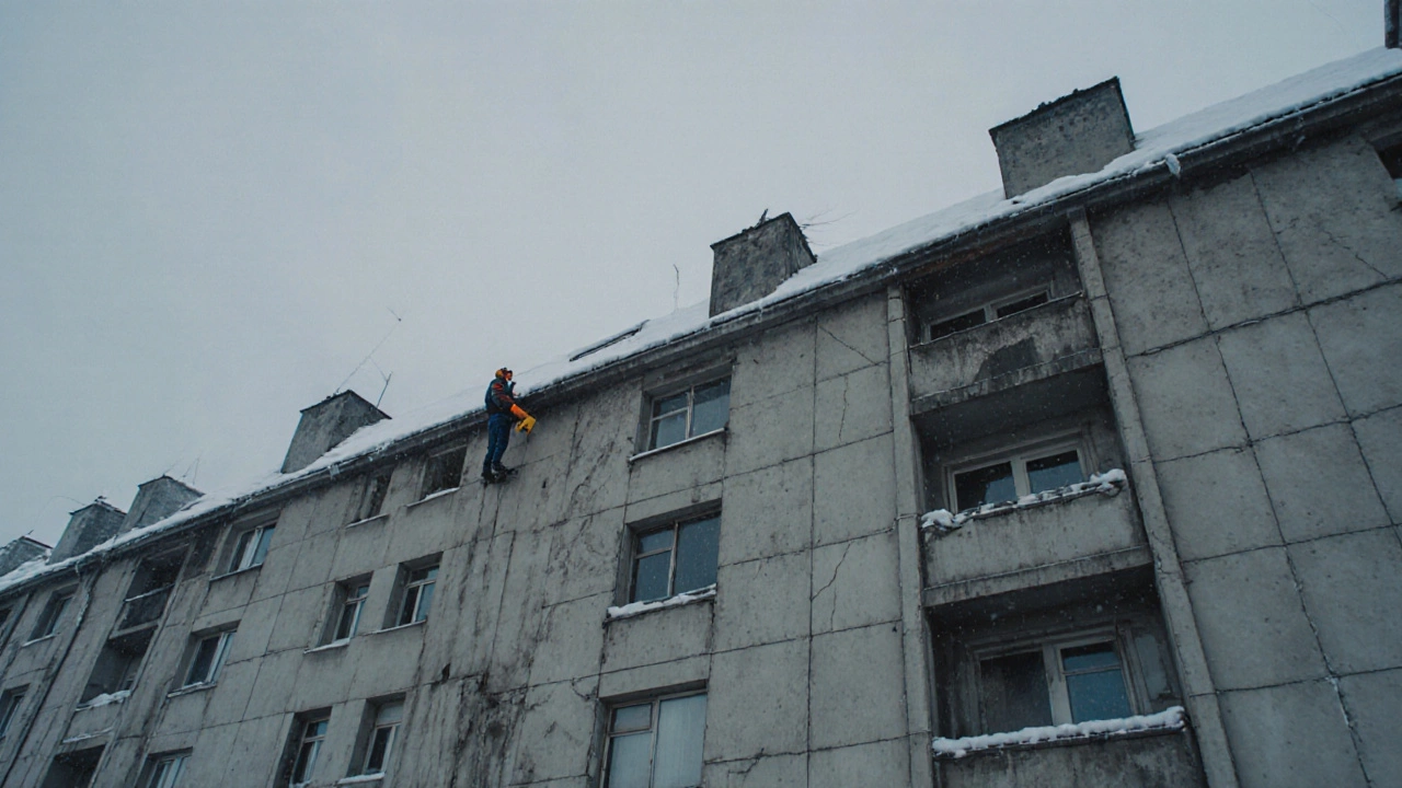 Панельный дом с видимыми швами между бетонными плитами под зимним небом.