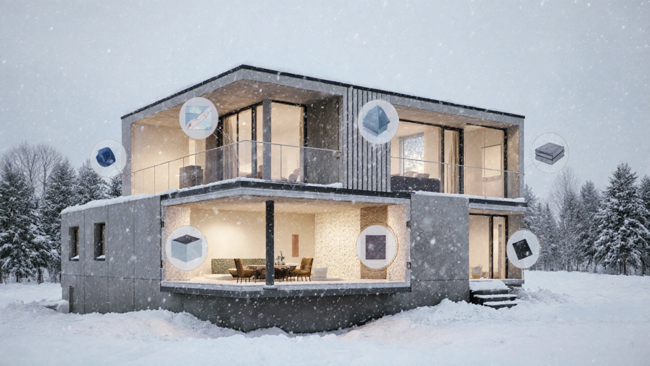 Разрез современного дома с слоями материалов: бетон, сталь, утеплитель, гипсокартон