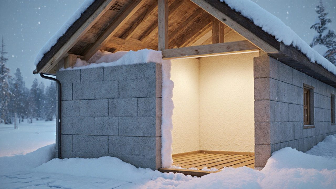 Разрез стены дома: газобетон, утеплитель, пароизоляция и внутренняя отделка.