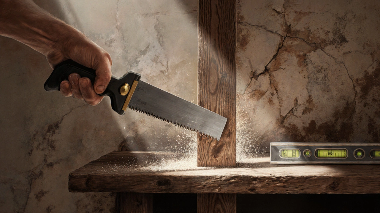 Ручная пила режет деревянный брус в старом помещении с солнечным светом.