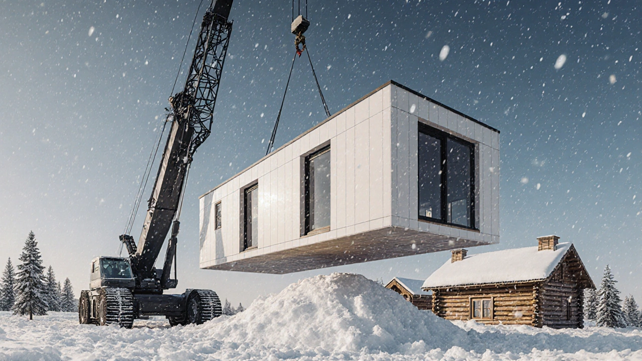 Сборно-монолитный дом, собираемый краном на снежном участке в зимний период.