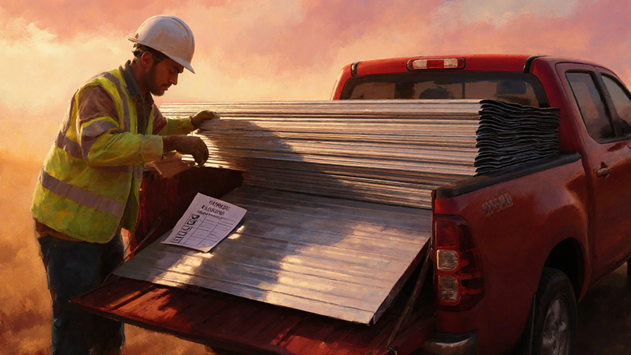 Строитель загружает листы профнастила на грузовик, рядом чек‑лист и запасный материал.