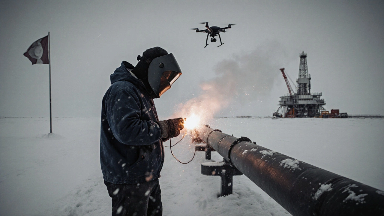 Сварщик на арктической магистрали в снегу, за ним — пар от сварного шва, вдалеке — буровая вышка.