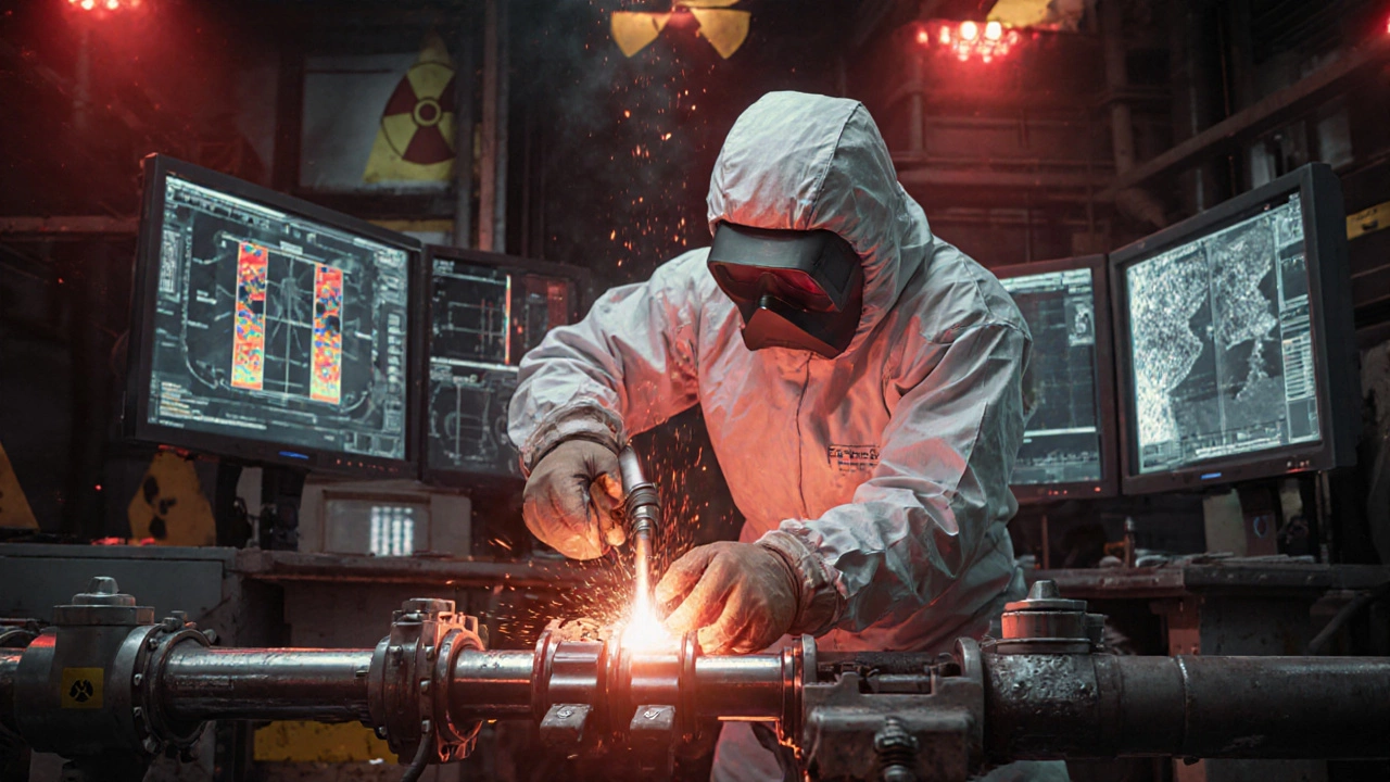 Техник в защитном костюме варит радиоактивную трубу в помещении с мониторами и красными сигналами.