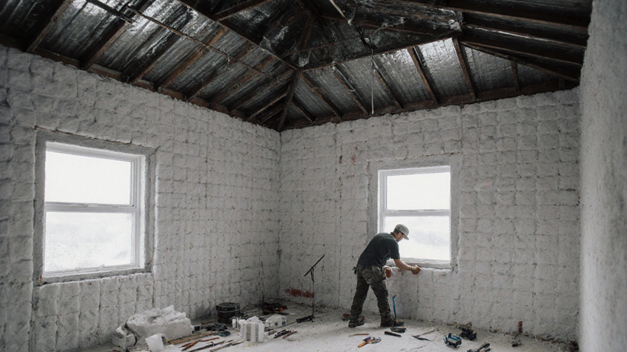 Частично построенный дом в Сибири: стены, крыша и окна установлены, идут работы по электропроводке.