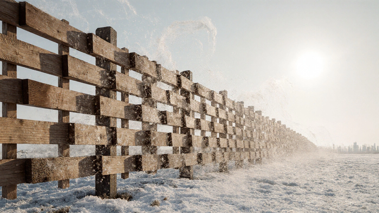 Деревянный забор в шахматном порядке с зазорами, ветер свободно проходит, не создавая давления на доски.