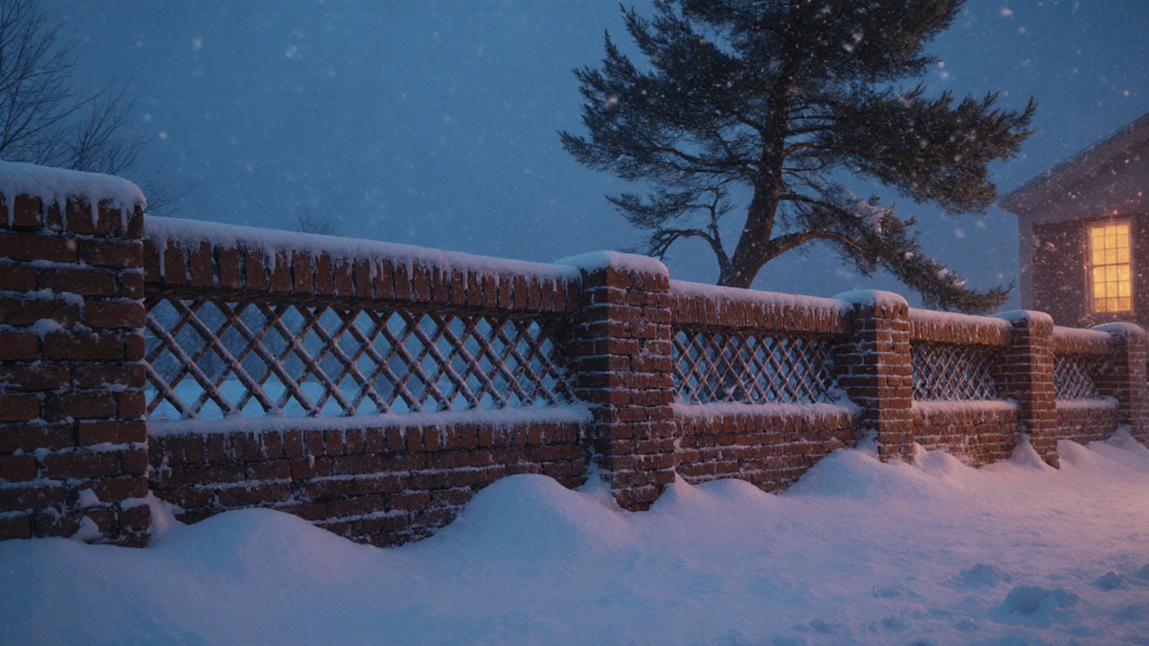 Кирпичный забор с вентиляционными зазорами, ветер проходит сквозь промежутки, не повреждая конструкцию.