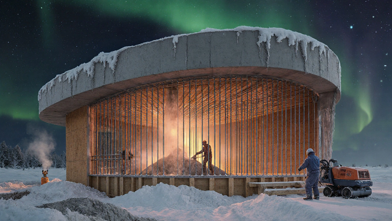 Монолитный дом с заливкой бетона в мороз, арматура и опалубка при свете заката.