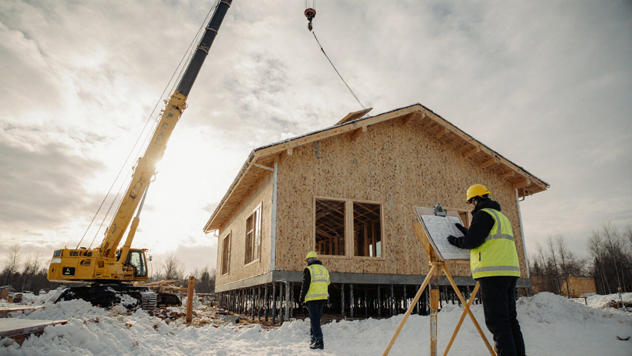 Новое каркасное домостроение в снежном Новосибирске с утеплёнными стенами и тройными окнами.