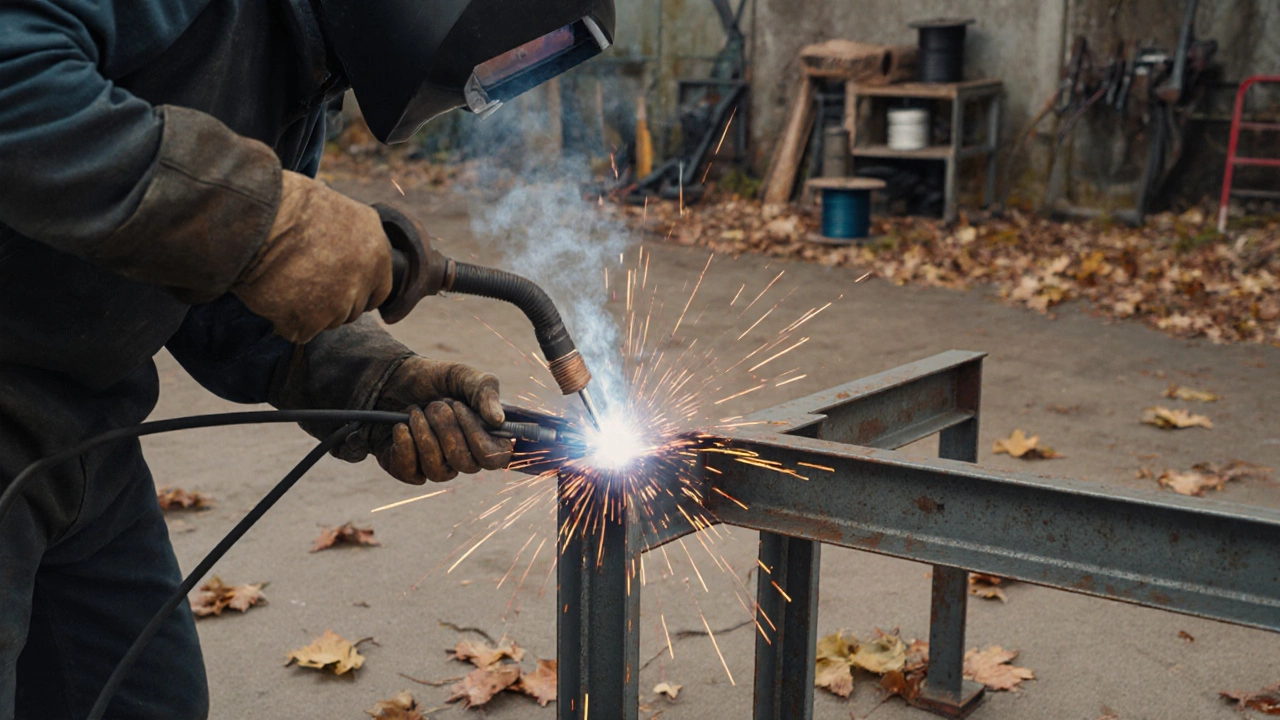Рабочий собирает металлический забор с помощью MIG-сварки, виден поток защитного газа.