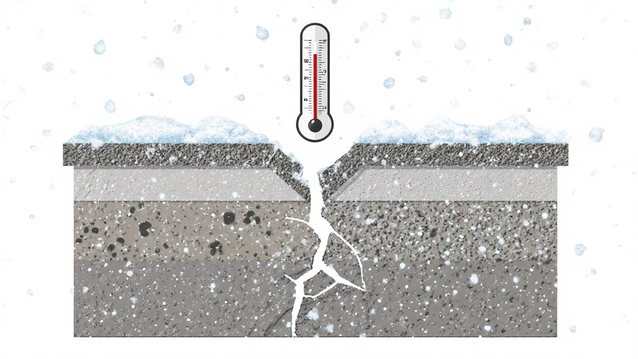 Разрез фундамента: чистый портландцемент сверху, шлаковый снизу, трещины от мороза, температура -38°C.
