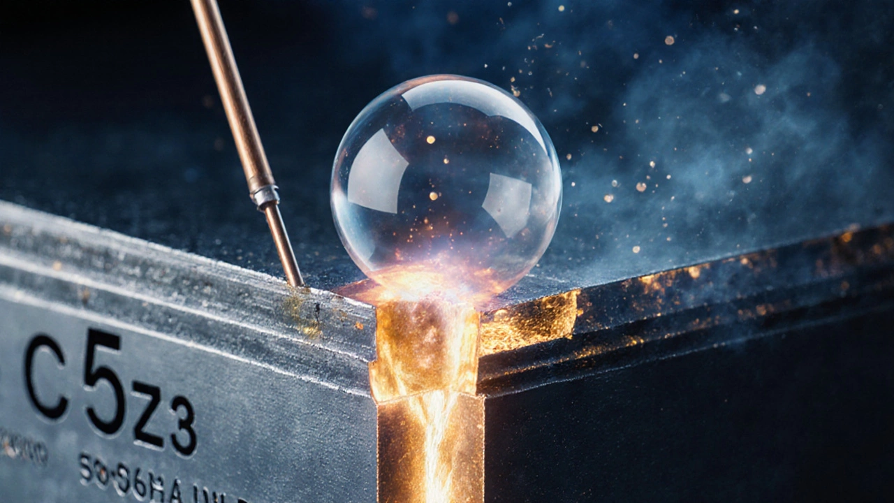 Разрез сварного шва: капля расплавленного металла и защитный газовый барьер.