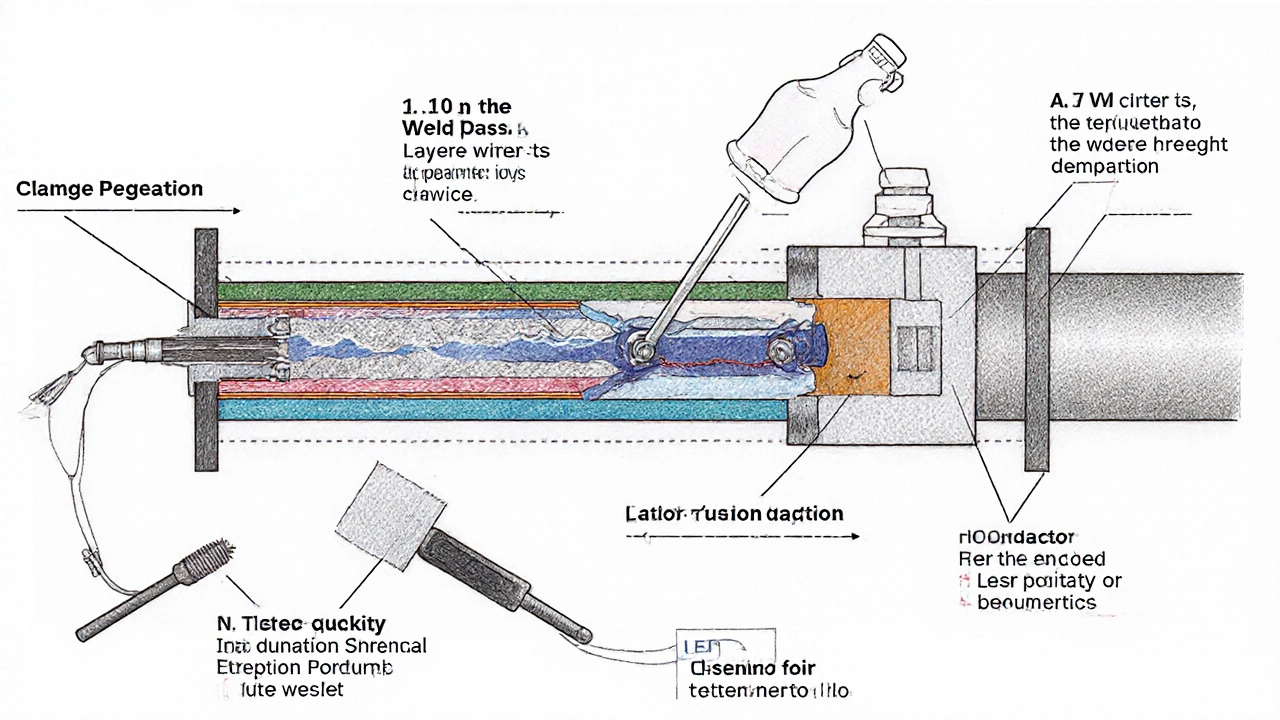 Разрез сварного шва на стальной трубе с четкими слоями наплавки и отсутствием дефектов.