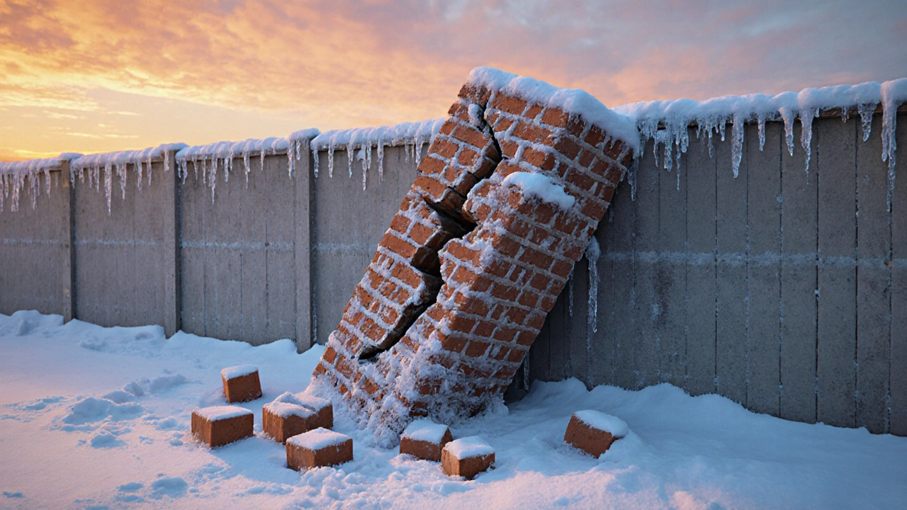 Разрушенный кирпичный забор на морозе с трещинами и отваливающимися кирпичами на снегу.