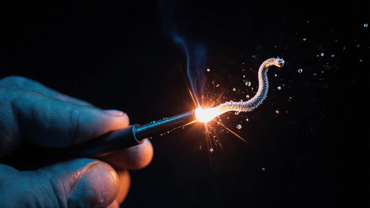Рука держит электрод диаметром 2,5 мм, от которого исходит дуга, формирующая форму змеи — символ идеального шва.