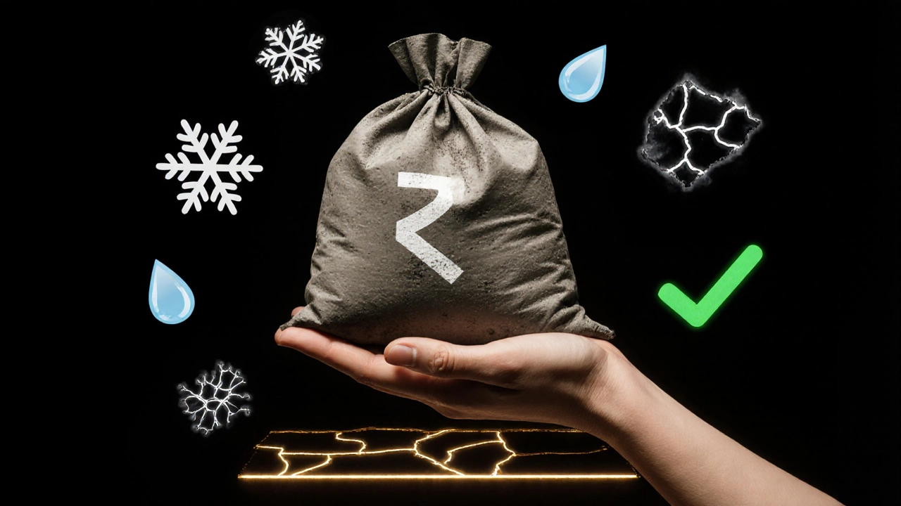 Рука держит мешок цемента с противоморозной добавкой ПЛ на фоне символов холода и влаги.