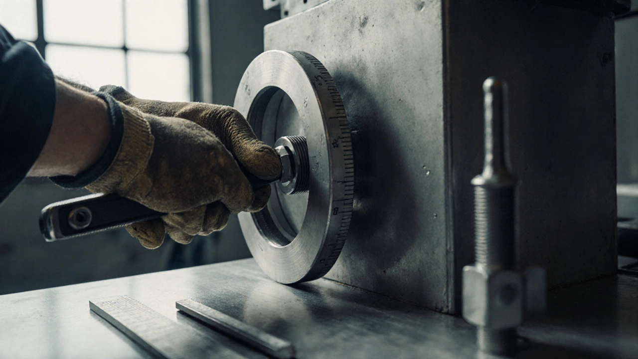 Руки мастера затягивают болт динамометрическим ключом на металлическом фланце трубопровода.