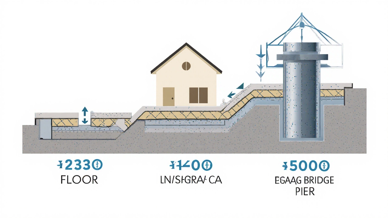 Схема трёх типов бетонных конструкций с разными марками цемента: М300, М400, М500.