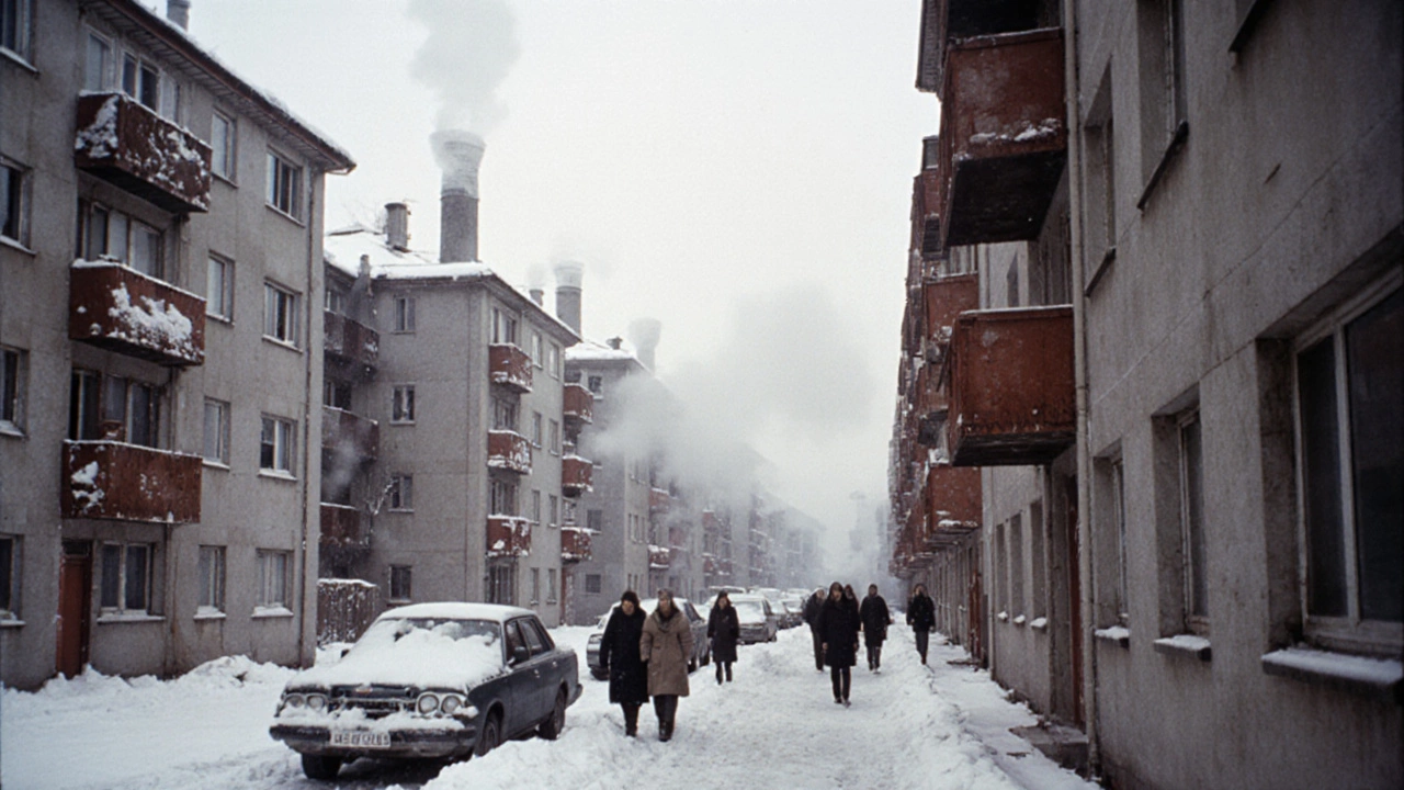 Советский панельный дом зимой в Новосибирске, снег на крышах, жители на улице.
