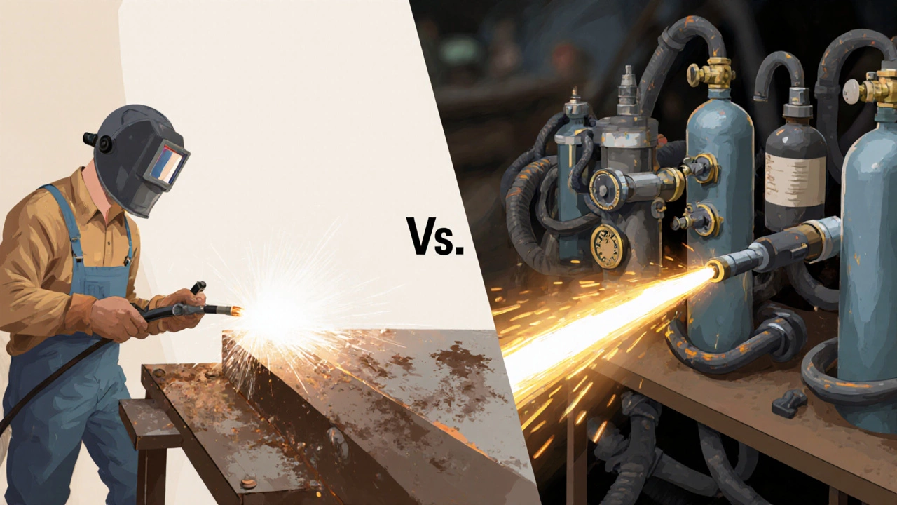 Сравнение простой ММА-сварки и сложного полуавтомата: левая сторона — чистый шов, правая — запутанные шланги и баллоны.