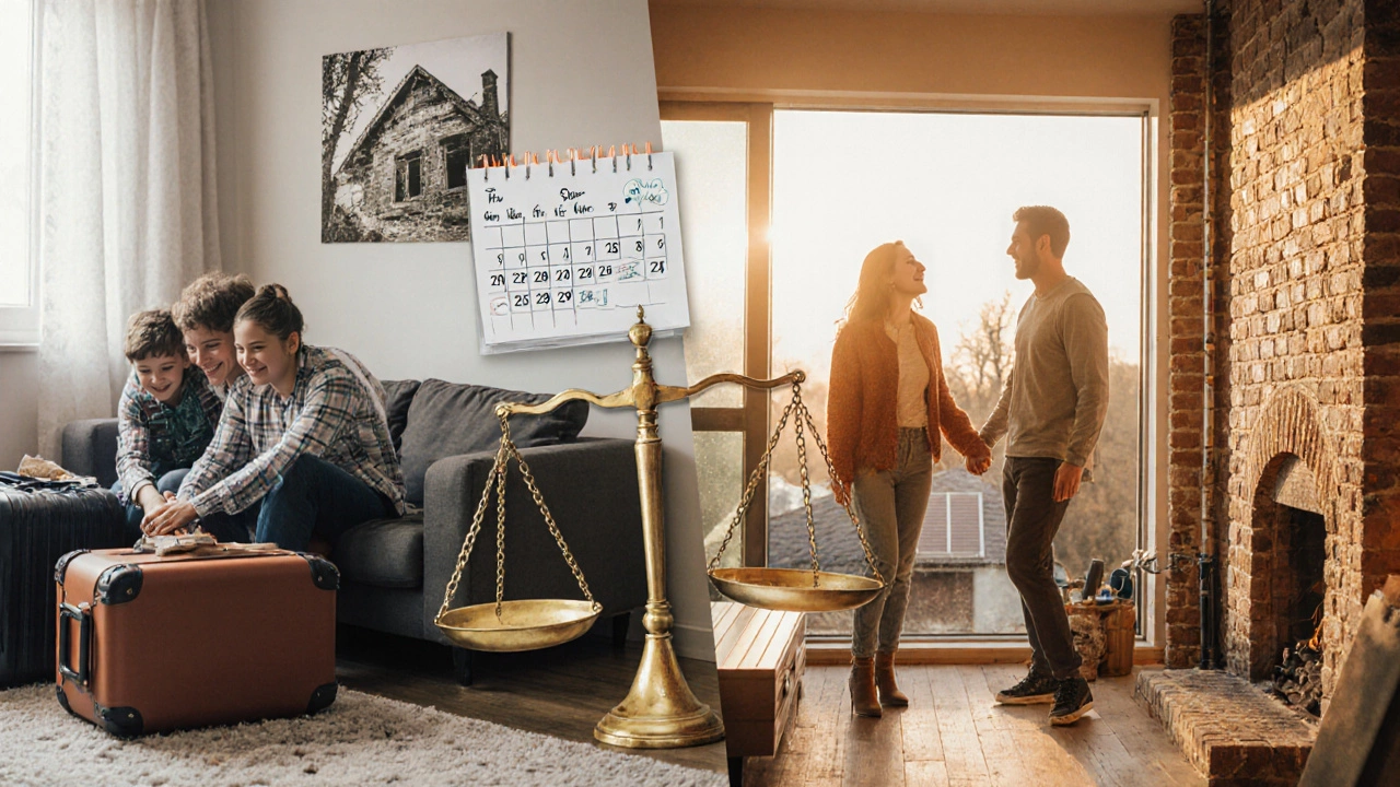 Сравнение: семья в съёмной квартире слева и в тёплом современном доме справа.