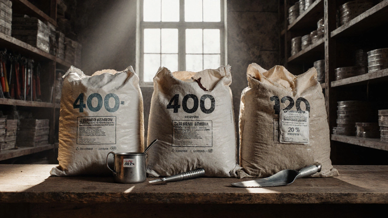 Три мешка цемента в строительном магазине, один с четкой маркировкой, другой с подозрительной этикеткой, на полке с инструментами.