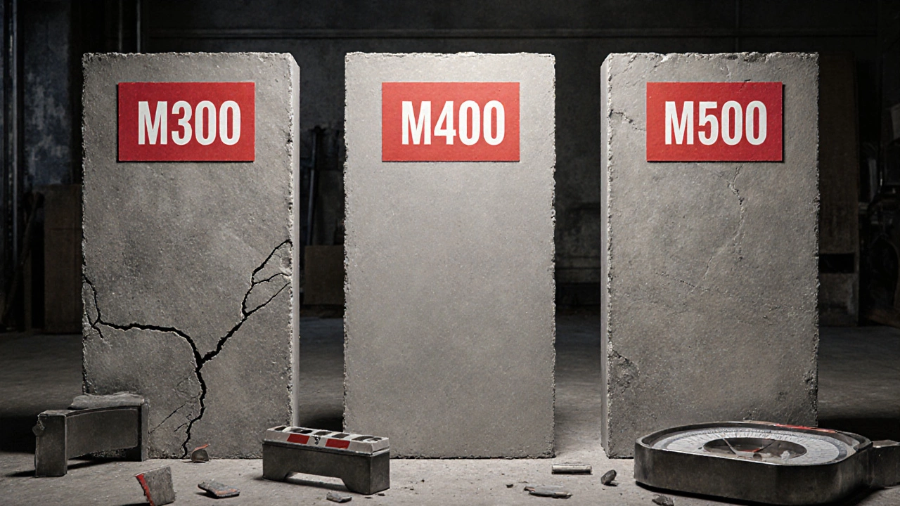 Три образца бетона разных марок: М300, М400, М500 с видимыми различиями в прочности.