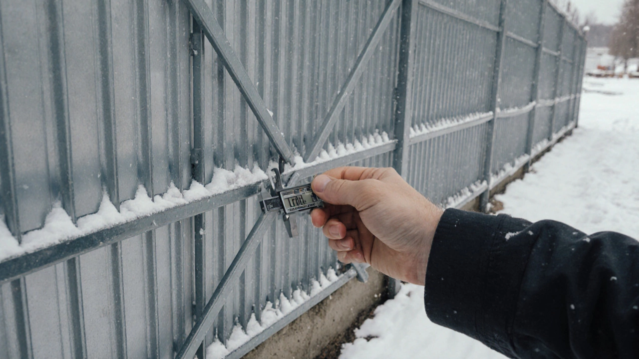 Владелец проверяет толщину стальной трубы для забора с глубоким армированным фундаментом.
