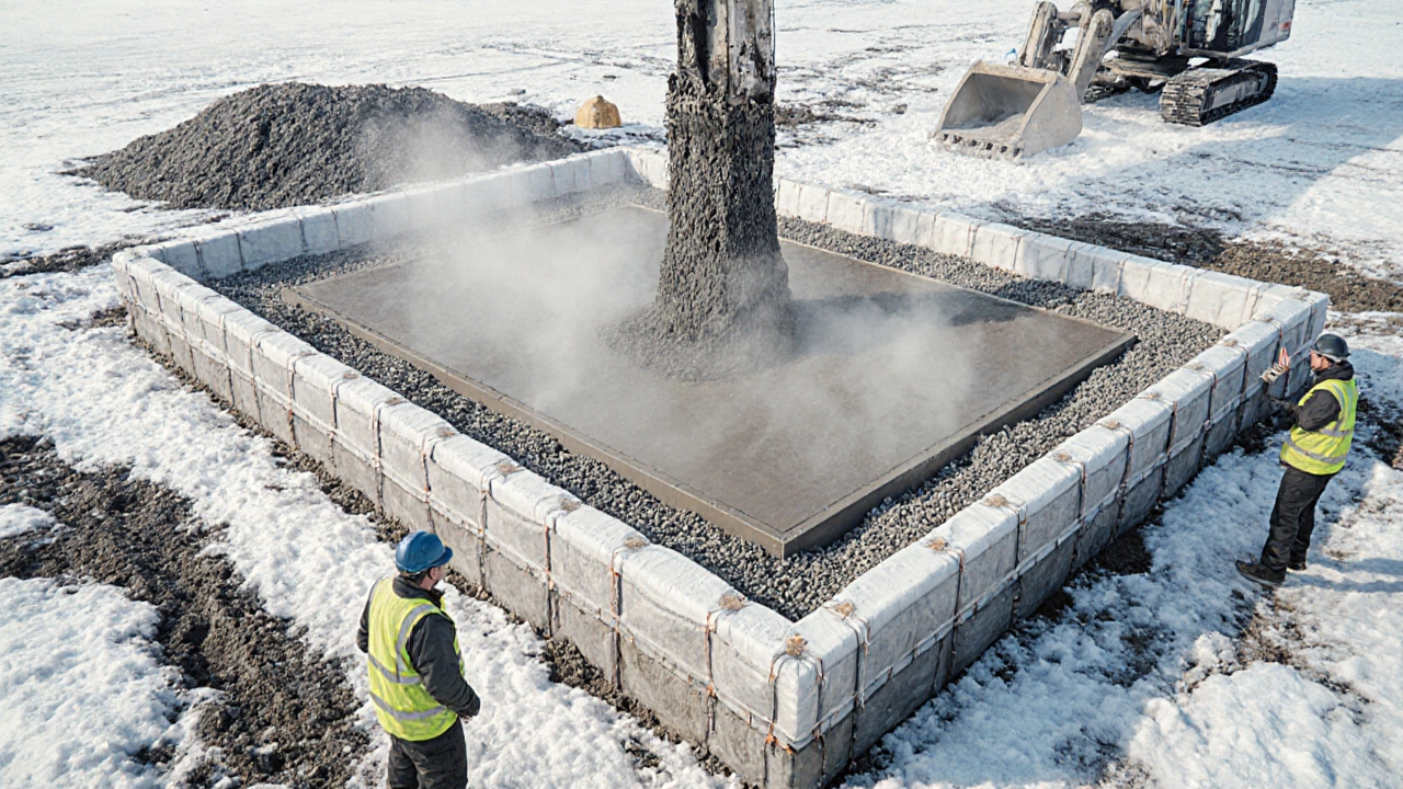 Заливка армированного фундамента в зимних условиях с утеплённой опалубкой.
