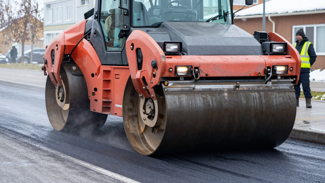 Каток уплотняет свежий асфальт на городской улице, создавая прочное покрытие.