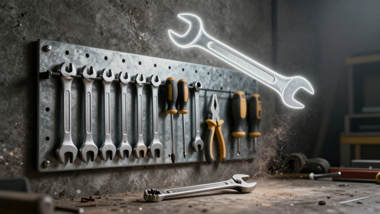 Магнитная панель с профессиональными инструментами и сломанный дешевый ключ на полу.