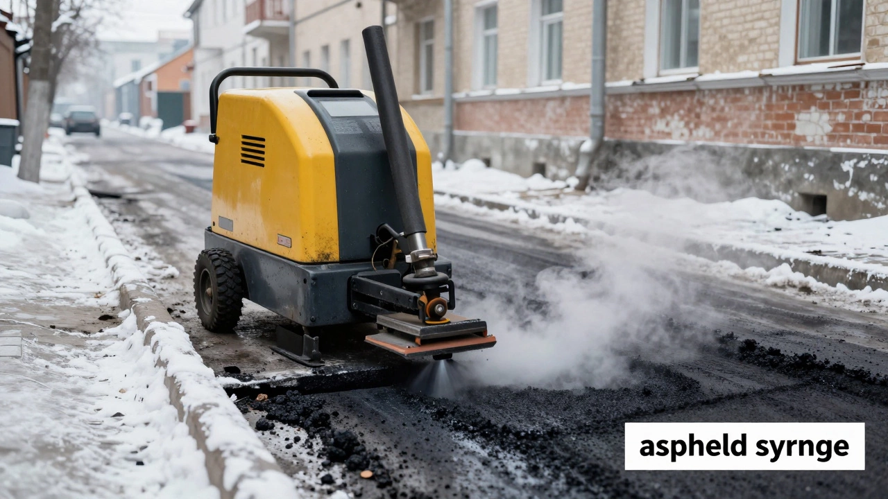 Мини-машина для ямочного ремонта заделывает выбоину на ледяной улице в Сибири.