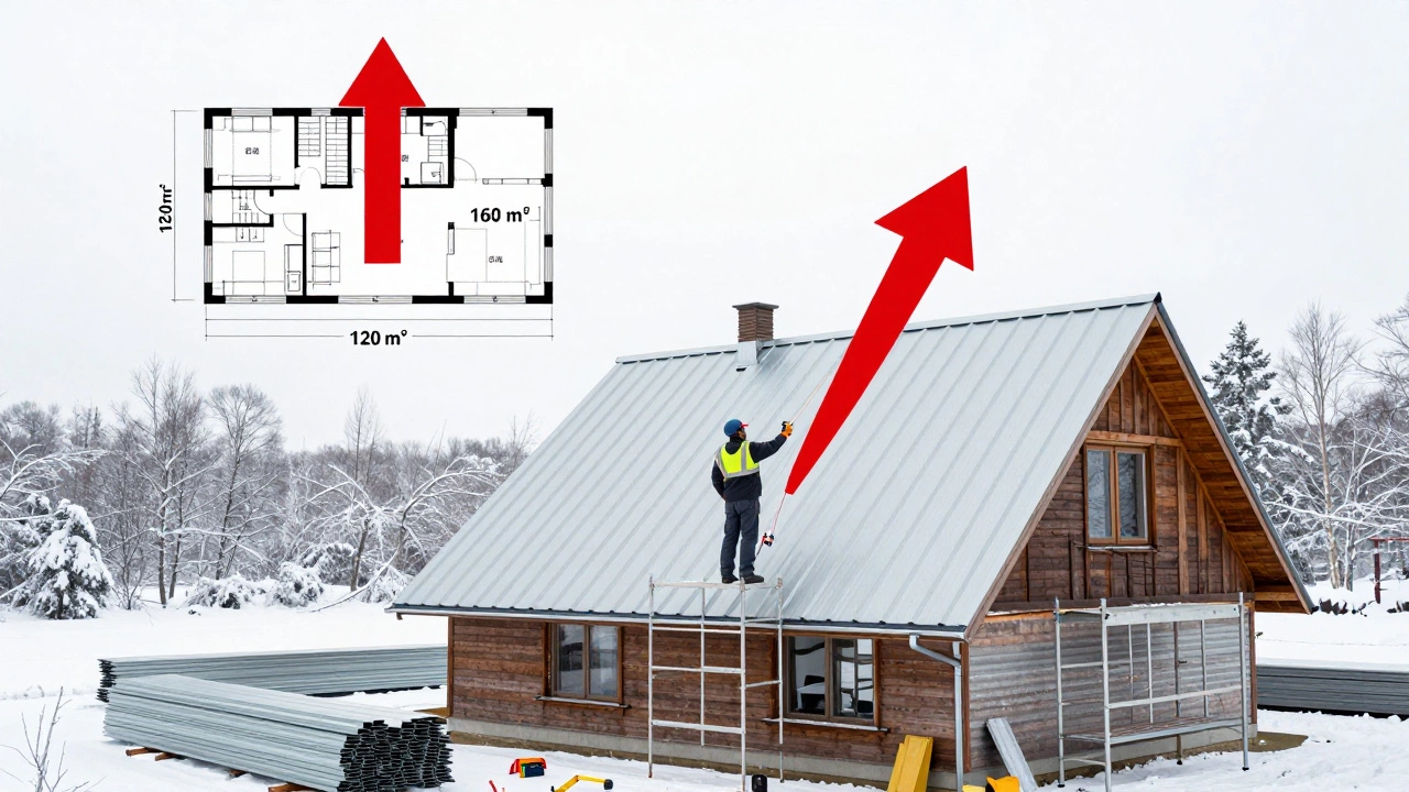 Рабочий измеряет наклонную кровлю, рядом лежат листы профнастила, снег за окном.