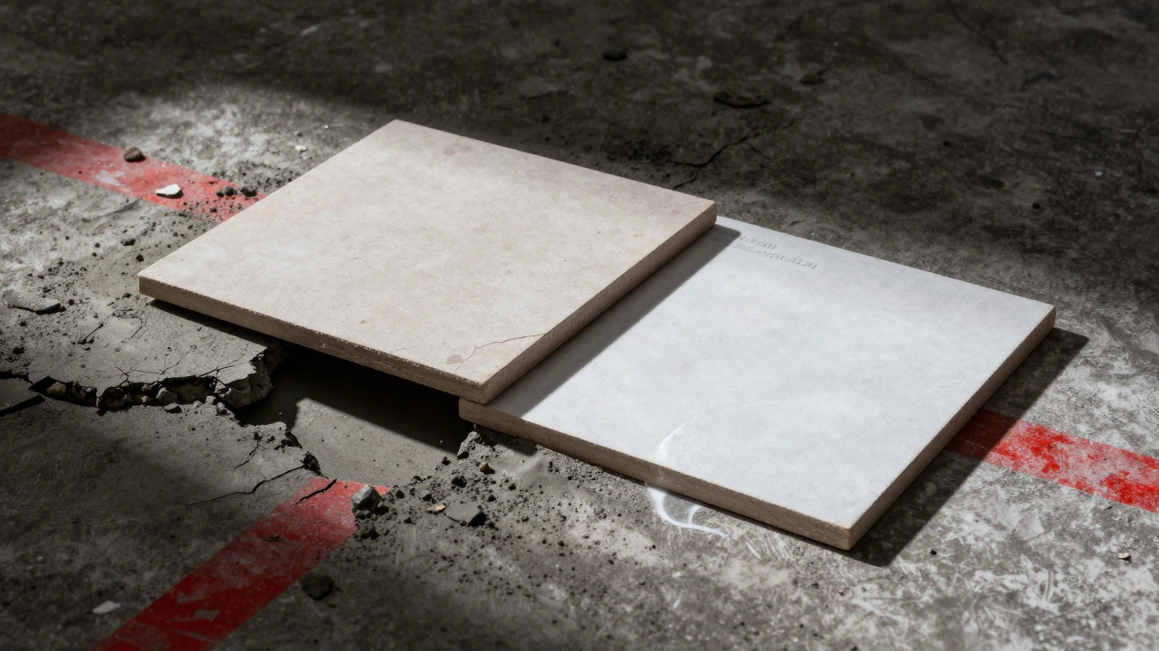 Разница между треснувшим старым раствором и прочным современным цементом под плиткой, визуальное сравнение.