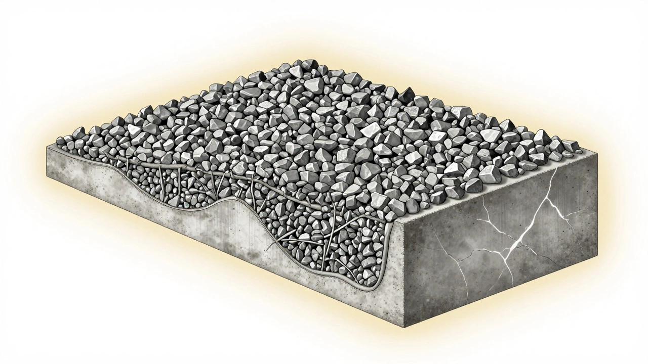 Разрез бетонного фундамента М200 с плотной структурой заполнителей и цементным камнем.