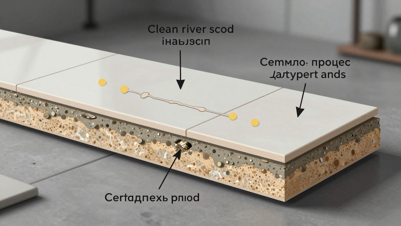 Разрез слоев при укладке плитки: песок, цемент с добавками и плитка, акцент на адгезии и гибкости раствора.
