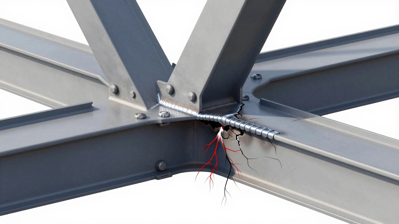 Разрез сварного соединения: с одной стороны — целостная структура, с другой — скрытые трещины под блестящей, зачищенной поверхностью.