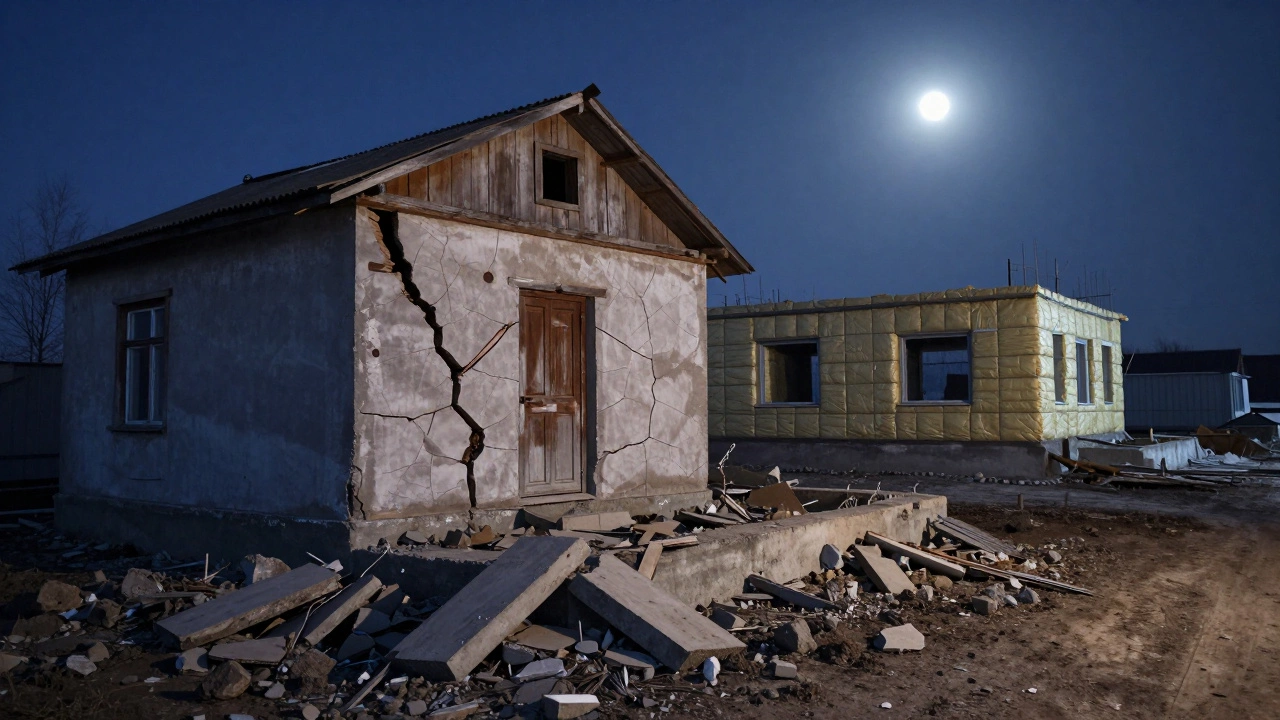 Разрушенный дом в Сибири из-за пучения грунта, рядом — правильно построенный фундамент с утеплением и дренажем.