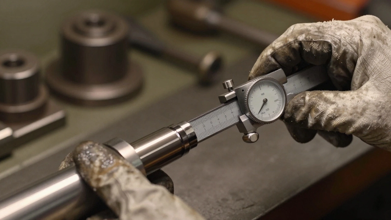 Рука мастера измеряет стальной вал микрометром, показывая точность 0,03 мм.