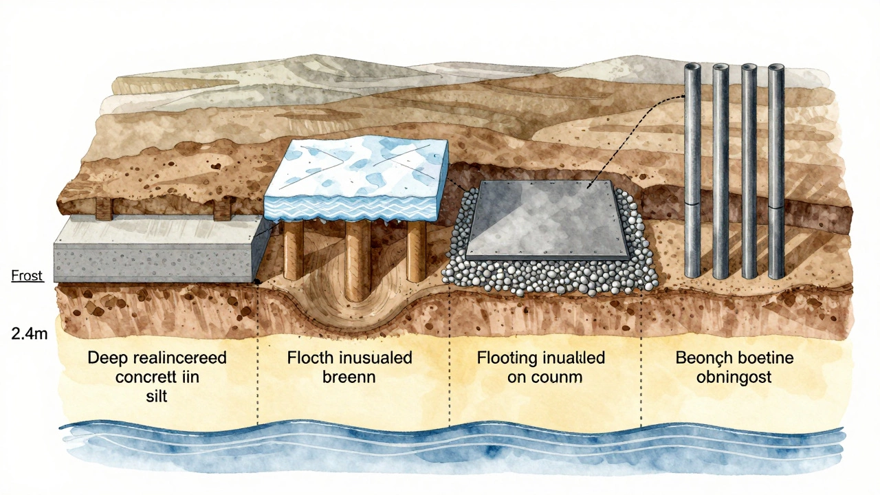 Схема четырех типов фундаментов в условиях промерзания грунта: ленточный, столбчатый, плита и сваи с указанием слоев.