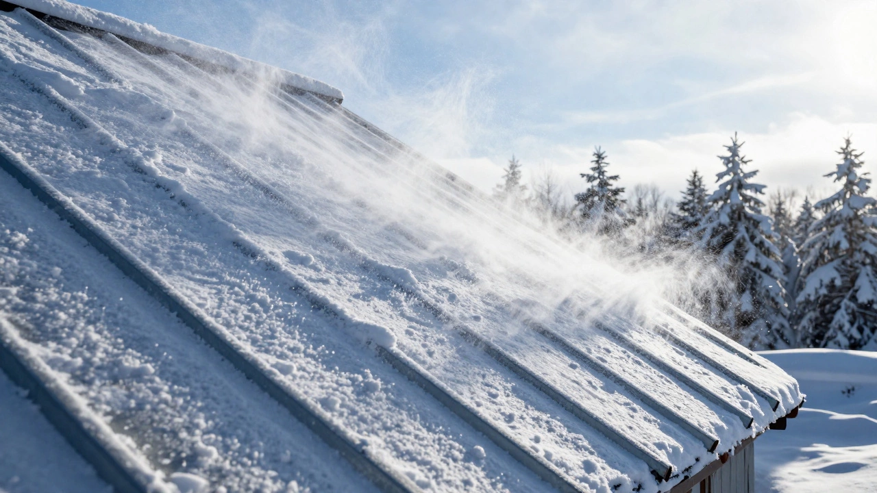 Снежная крыша под углом 45 градусов, снег скользит с неё под ярким зимним солнцем.