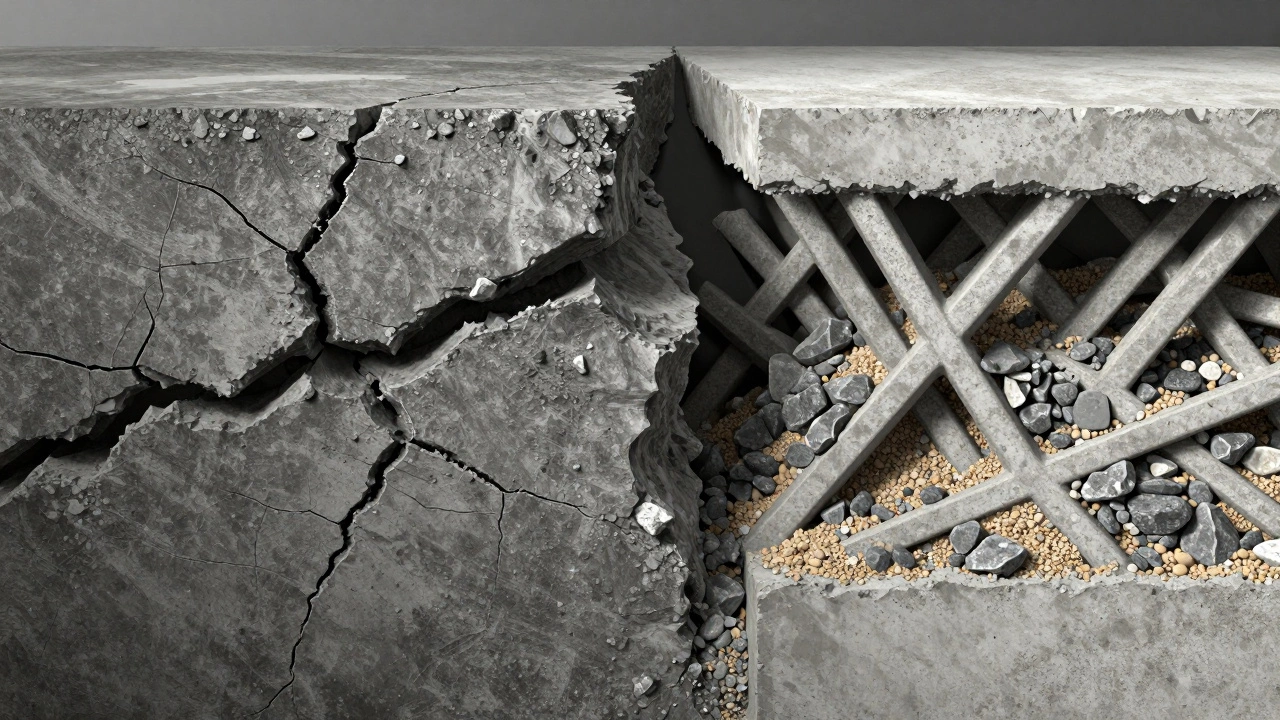 Сравнение хрупкого цемента и прочного бетона с песком внутри.