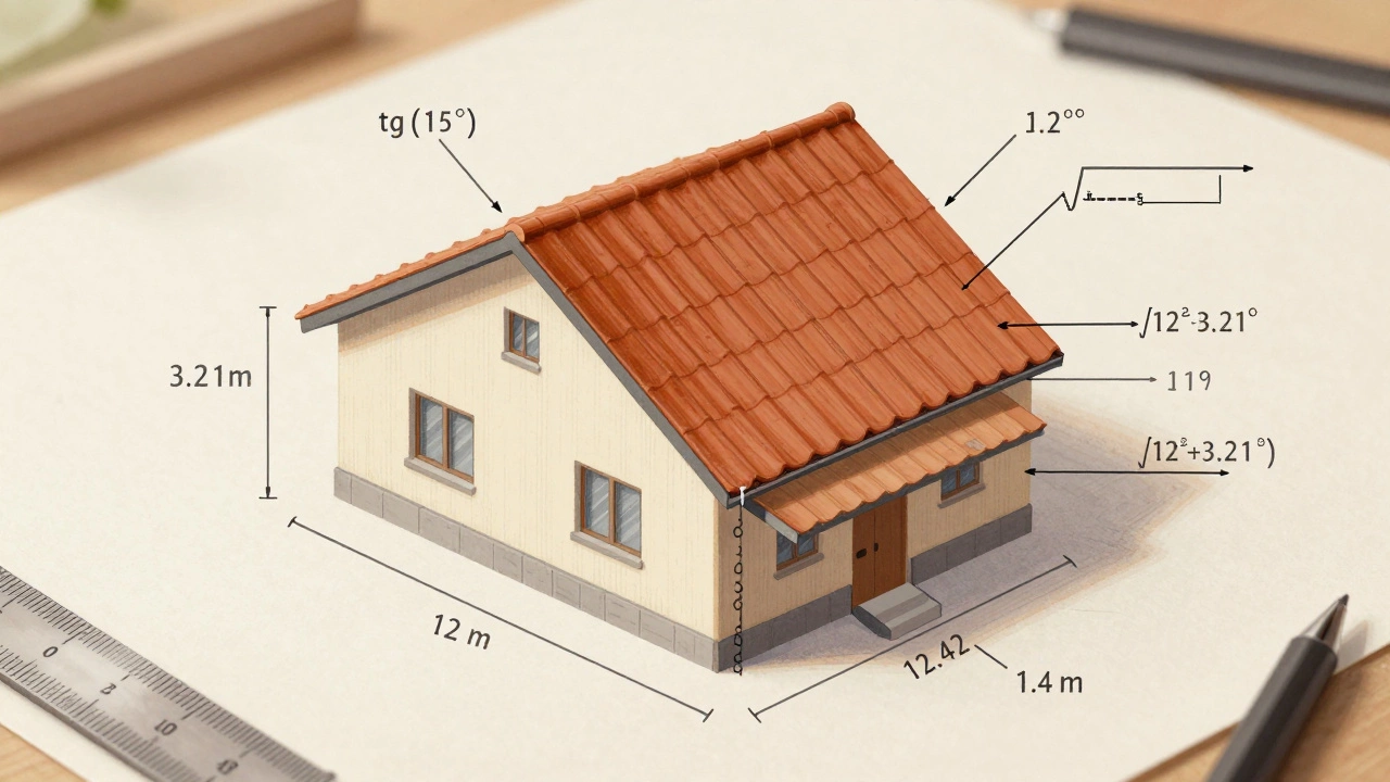 Технический чертёж односкатной крыши с обозначенными геометрическими размерами и расчётами.