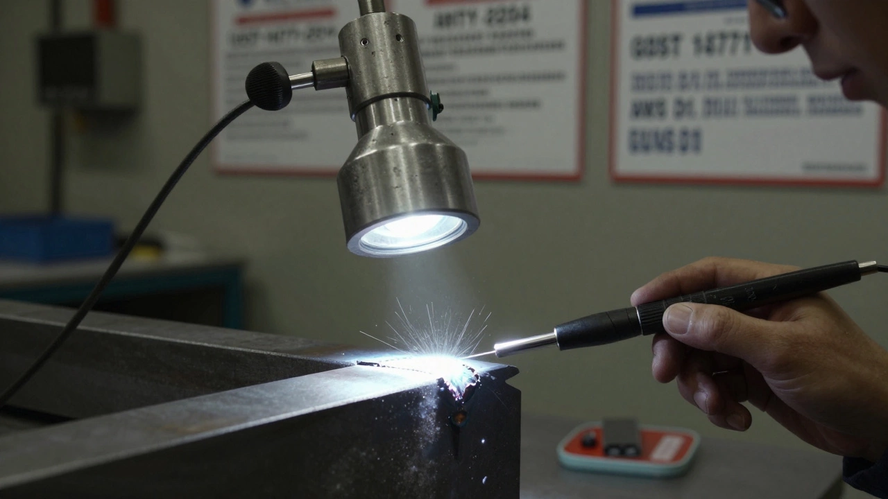 Техник осматривает сварной шов с помощью лампы и магнитопорошкового контроля — шов не зачищен, видны микротрещины.