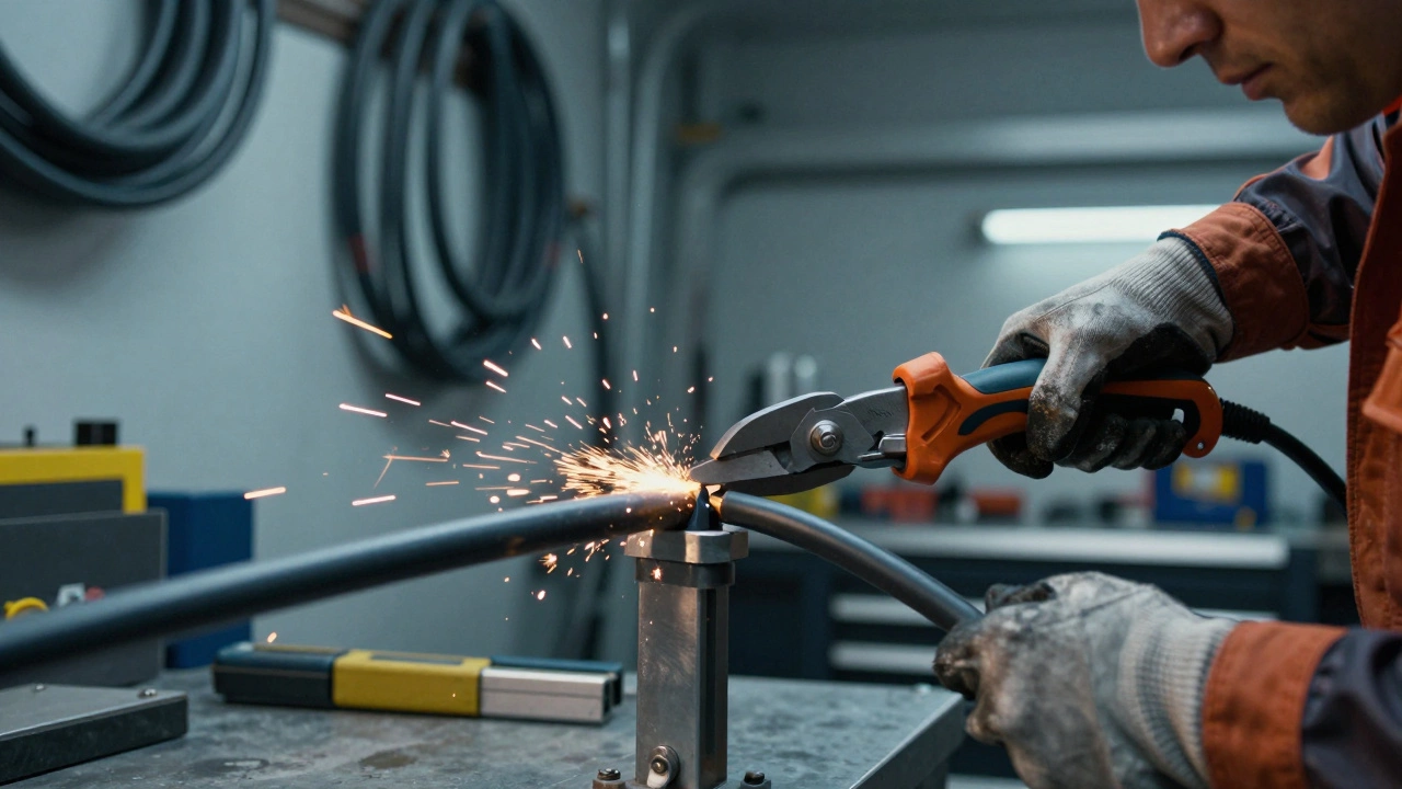 Автоматический стриппер аккуратно снимает изоляцию с кабеля в мастерской.