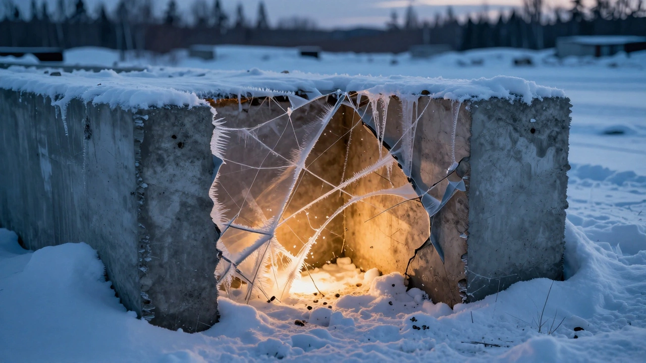 Бетонный фундамент зимой с трещинами от льда и внутренним теплом гидратации.
